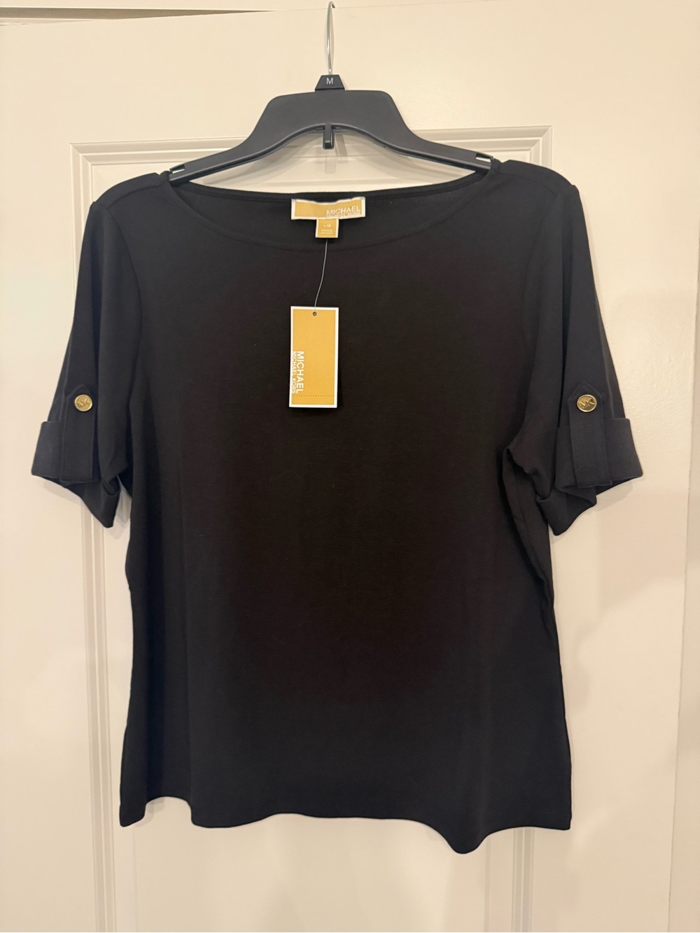 Michael Kors Black Short Sleeve Boatneck Top with Gold Button Tabs
